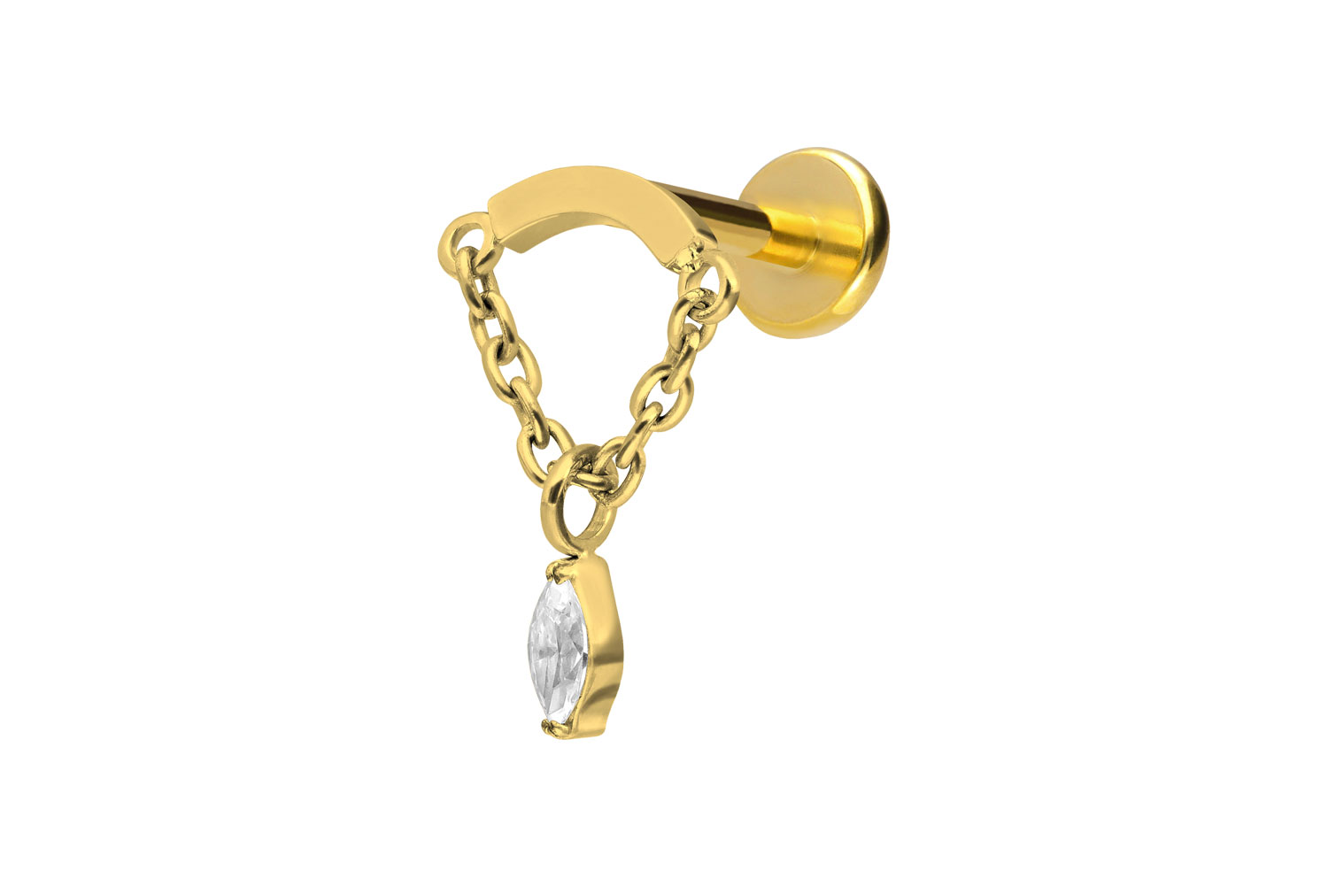 Titan Labret Piercing mit Push Fit BOGEN + KETTE + KRISTALLTROPFEN